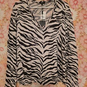 NWT RAILS Black Ivory Tiger Stripe Long Sleeve V-Neck Linen Blend Top